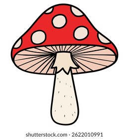 Hand drawn cartoon fly agaric mushroom isolated on white background. Vector illustration.