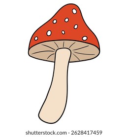 Seta agárica de la mosca de la historieta dibujada a mano aislada en el fondo blanco. Ilustración vectorial.