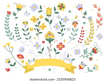 Handgezeichneter Cartoon und Volkssatz aus Blumen und Kräutern für Banner und Geschenkkartenrahmen und Rahmen 