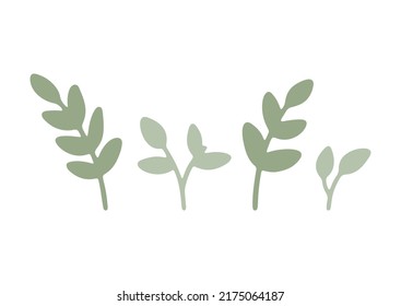 Hand drawn cartoon forest greenery. Cute floral elements isolated on white background. Abstract woodland grass and foliage in flat style. Botanical vector illustration