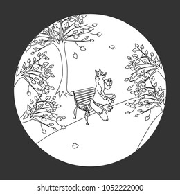 Hand drawn cartoon fox sitting on a bench in the park and drinking coffee. Vector illustration