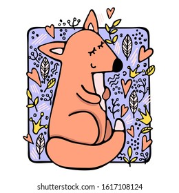 Hand drawn cartoon fox vector colour illustration. Cute and funny fox with crowns, hearts and plants. Cartoon style drawing. Template for design notebook, cards, T-shirt, posters.