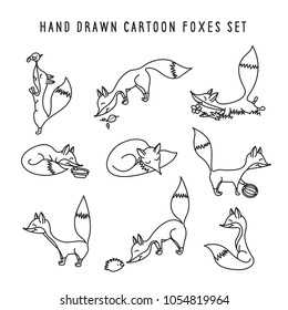 Hand drawn cartoon foxes set. Cute animals in different poses for kids childern design. Pencil sketch drawings. Vector illustration.