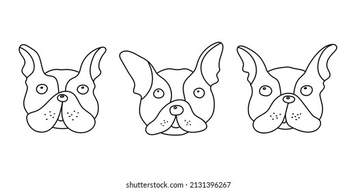 Hand drawn cartoon french bulldog head vector set