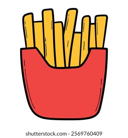 Hand drawn cartoon french fries in a red box isolated on a white background. Vector illustration.