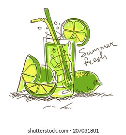 Hand drawn cartoon fresh cocktail with lime
