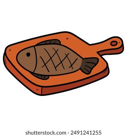 Hand drawn cartoon fried fish on cutting board isolated on white background. Vector illustration.