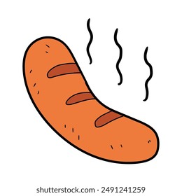 Hand drawn cartoon fried sausage isolated on white background. Vector illustration.
