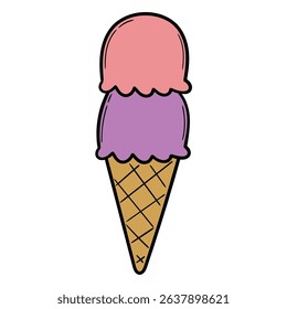 Hand drawn cartoon fruit ice cream in waffle cone isolated on white background. Vector illustration.