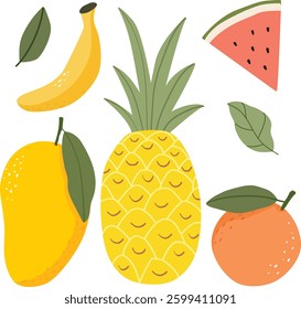 Hand drawn cartoon fruit set collection. Pineapple, banana, mango, orange, watermelon
