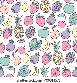 Hand drawn cartoon fruits seamless pattern. Fruit, multifruit and berry flavors. May be used for juice, candies packaging, wrapping paper or textile. Vector illustration