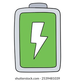 Hand drawn cartoon full battery isolated on white background. Vector illustration.