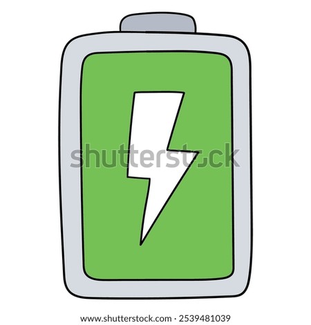 Hand drawn cartoon full battery isolated on white background. Vector illustration.