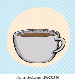 Hand drawn cartoon of full coffee cup
