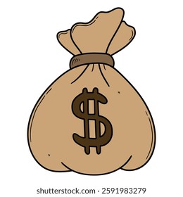 Hand drawn cartoon full money bag isolated on white background. Vector illustration.