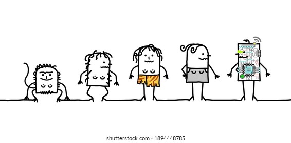 Hand drawn Cartoon Funny Female Characters and Human Evolution