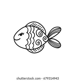 Hand drawn cartoon funny fish.  Vector illustration isolated on white background.