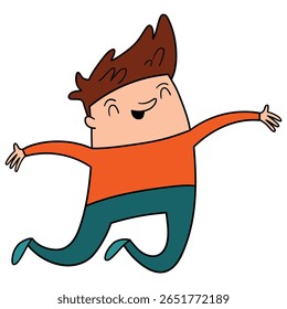 Hand drawn cartoon funny happy boy jumping isolated on white background. Vector illustration.