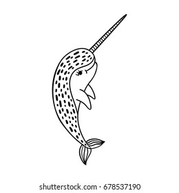 Hand drawn cartoon funny narwhal. Nursery unicorn of sea. Vector illustration isolated on white background