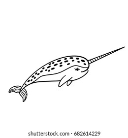 Hand drawn cartoon funny narwhal. Nursery unicorn of sea. Vector illustration isolated on white background.