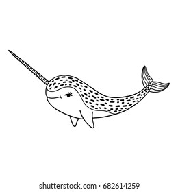 Hand drawn cartoon funny narwhal. Nursery unicorn of sea. Vector illustration isolated on white background.