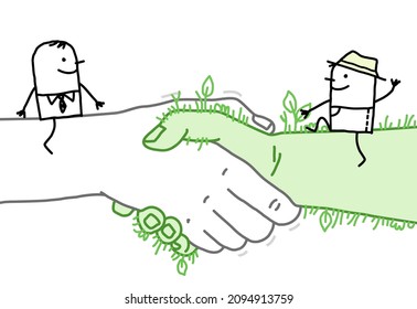 Hand drawn Cartoon Gardener and Businessman Meeting on a big Handshake