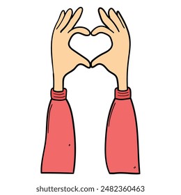 Hand drawn cartoon gesture heart shape isolated on white background. Concept of love, tenderness, devotion. Vector illustration.