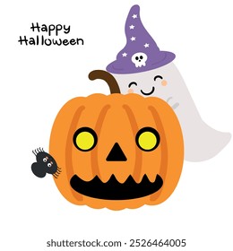 Handgezeichneter Cartoon-Geist hinter Halloween-Kürbis. niedliche Tierzeichnungen, Kritzeln für Halloween