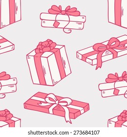 Hand drawn cartoon gift box seamless pattern. Doodle holiday vector background