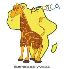 Hand drawn cartoon giraffe with African continent silhouette as a background and "Africa" lettering.