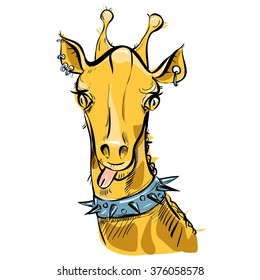 hand drawn cartoon giraffe rocker in glasses. giraffe shows tongue. vector eps 10