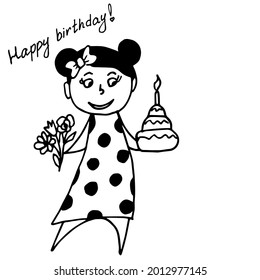 Hand drawn cartoon girl with bouquet and birthday cake