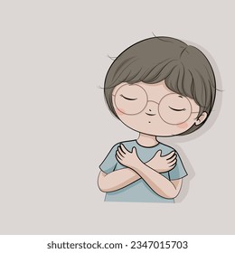 hand drawn cartoon girl hugging herself