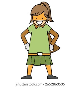 Super-herói desenhado à mão garota desenho animado isolado no fundo branco. Ilustração vetorial.