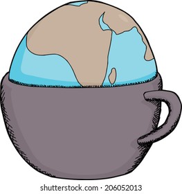 Hand drawn cartoon of globe inside drinking cup