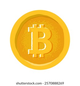 Hand drawn cartoon gold bitcoin  isolated on a white background. Vector illustration.