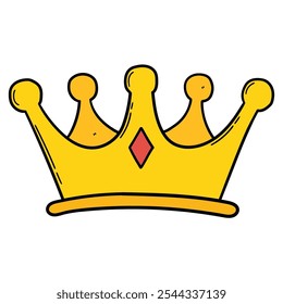 Hand drawn cartoon gold crown with a diamond isolated on a white background. Vector illustration.