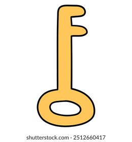 Hand drawn cartoon gold key isolated on white background. Vector illustration.