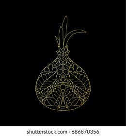 Hand drawn cartoon gold onion on black background. You can use for tattoo, coloring page, embossing.