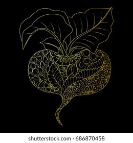 Hand drawn cartoon gold red beet on black background. You can use for tattoo, coloring page, embossing.