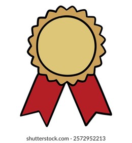 Hand drawn cartoon gold seal with red ribbon isolated on white background. Vector illustration.