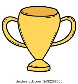 Hand drawn cartoon gold trophy isolated on white background. Vector illustration.