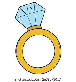 Hand drawn cartoon golden ring with diamond isolated on white background. Vector illustration.