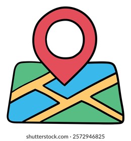 Hand drawn cartoon gps navigator pointer on city map icon isolated on white background. Vector illustration.