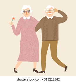 Hand drawn cartoon grandparents holding each other. Vector illustration.