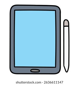 Hand drawn cartoon graphic tablet with pencil isolated on white background. Vector illustration.
