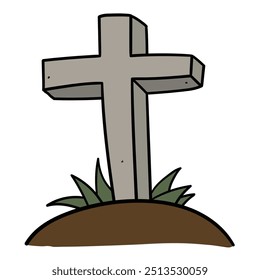 Hand drawn cartoon gravestone cross isolated on white background. Vector illustration.