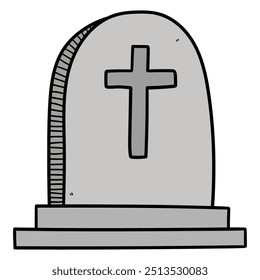 Hand drawn cartoon gravestone with cross isolated on white background. Vector illustration.