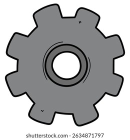 Hand drawn cartoon gray cogwheel gear isolated on white background. Vector illustration.
