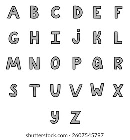 Hand drawn cartoon gray english alphabet isolated on white background. Vector illustration.